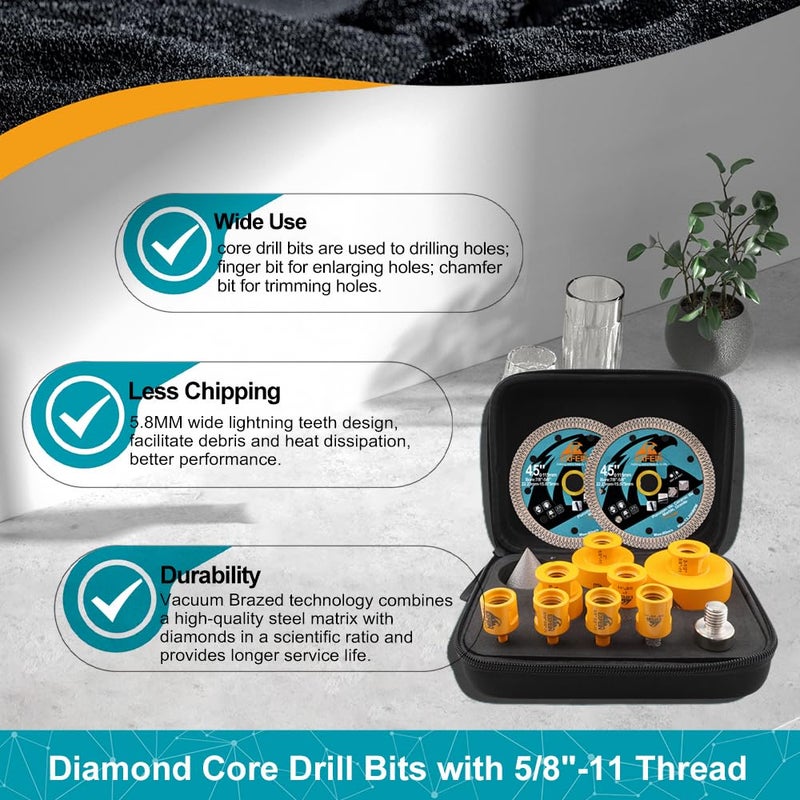 EXFEIN Diamond Tile Hole Saw Kit 12pcs - 6/8/10/25/35/50/65mm Core Drill Bits,10mm Milling Bit and 2" Chamfer Bit with Hex Adapter and 4.5" 2pcs Diamond Blade and for Tile Porcelain Marble - Image 4